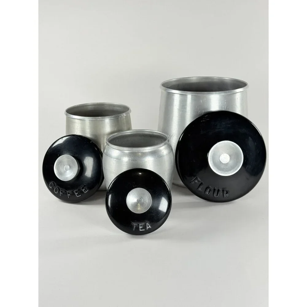 Vintage Kromex Spun Aluminum Canister Set Flour Coffee Tea 3-Piece Set With Lids
